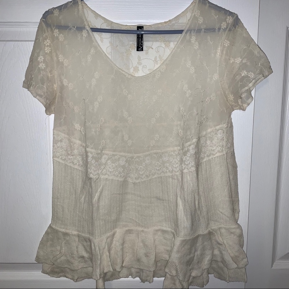 Free People Ivory Floral Lace Tee